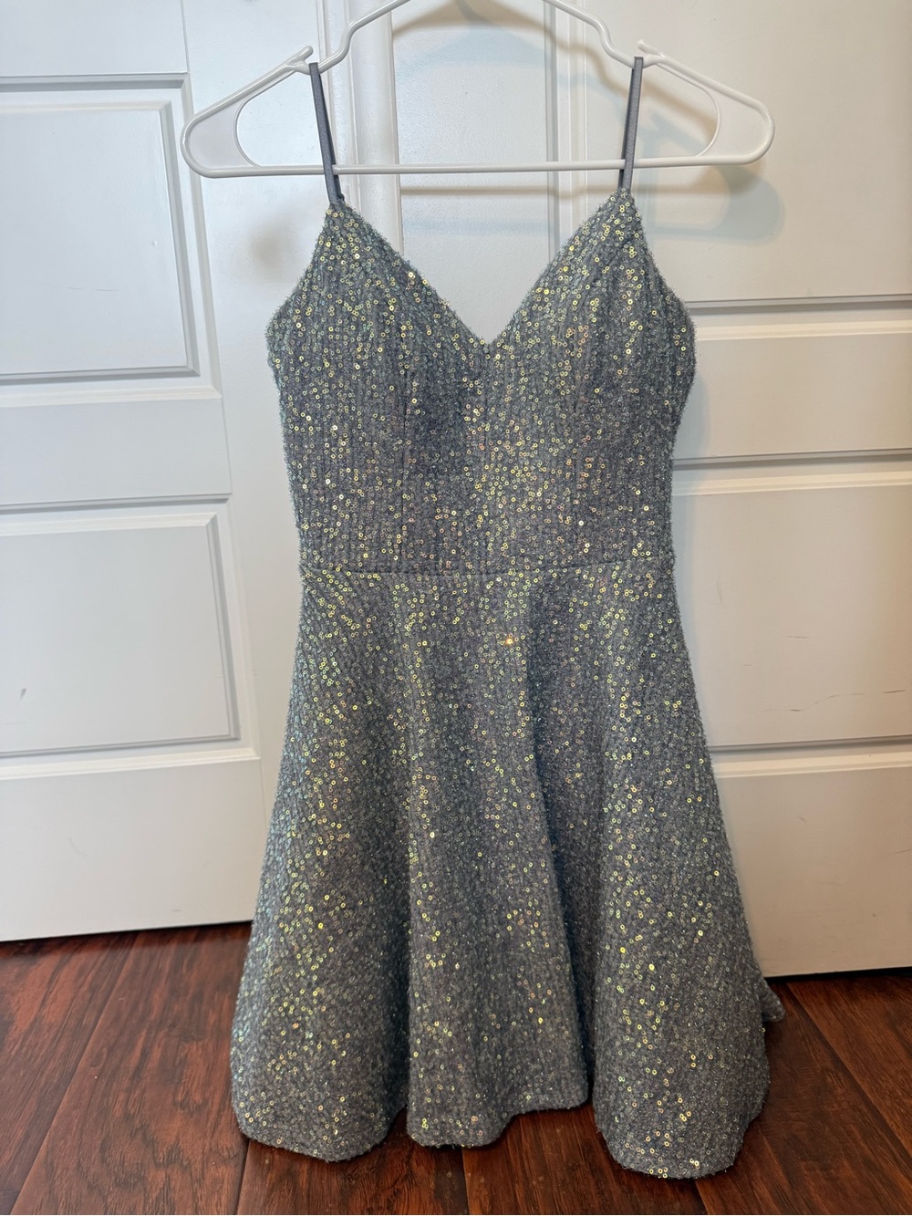 Gray Sequin A-Line Spaghetti Strap Dress